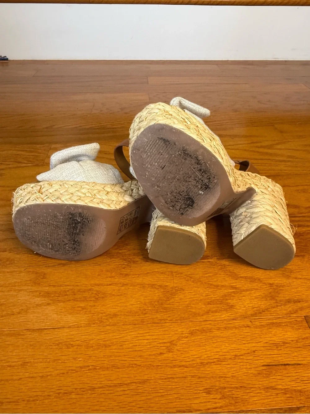 Pink Lily Natural Linen Bow Raffia Platform Wedge Heels Ankle Strap Sandals